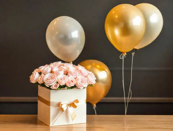 Cream flower box of pink roses with gold balloons