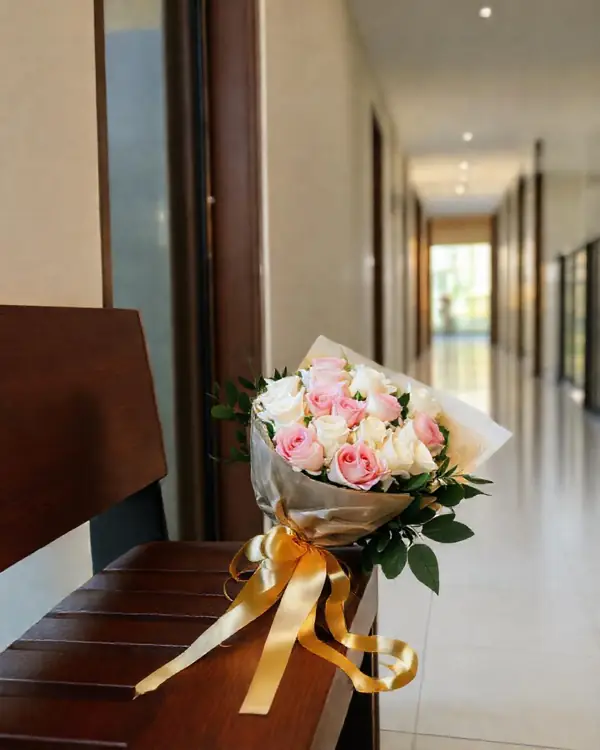 Bouquet with gold ribbon by an apartment door