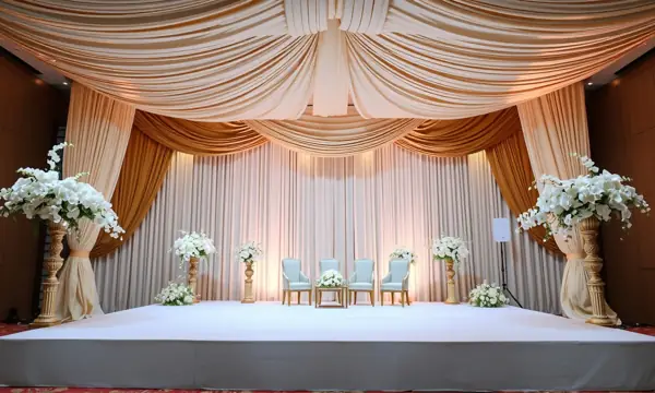 Wedding stage with cream and gold drapery and white flower stands